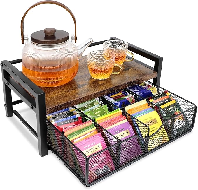 Tea Bag Organizer, Tea Bag Holder Organizer with 8-Compartment Adjustable Drawer, Wood & Metal Tea Box Organizer Chest for Countertop Kitchen, Office