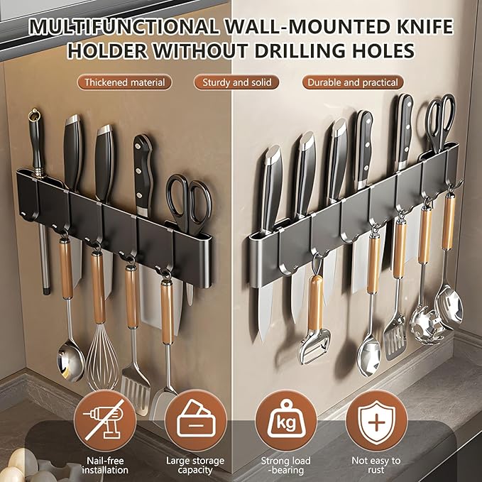 Kitchen Utensil Hanger: Wall Mount Holder Hanging Rack,7 Hooks Utensil Racks,No Drilling for Kitchen,Pantry,Bathroom,Livingroom 15.75 Inch (Dark Gray)