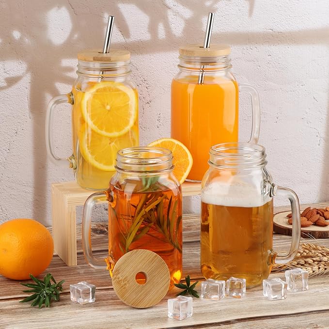 24 oz Mason Jar Cups with Handles, Wide Mouth Iced Coffee Cup with Bamboo Lids & Straws, Large Glass Bottle Mug Drinking Jars Tumbler for Smoothie Cold Water Juice Party Beverages, Set of 4