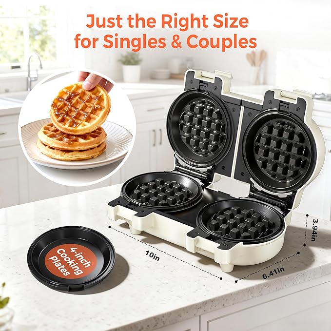 2-in-1 Double Waffle & Pancake Maker - CACHOO Mini 4" Nonstick Waffle Iron & Small Round Griddle with 4 Removable Plate Sets, Dishwasher Safe, Perfect for Small Spaces, Apartments & Dorms, Cream