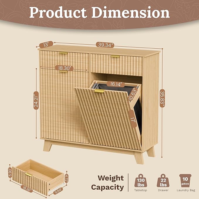 Double Tilt Out Laundry Hamper Cabinet, 20 Gallon Wooden Trash Can Cabinet with Drawers, Hidden Fluted Bathroom Storage Cabinet for Kitchen, Living Room (Natural Wood, 39.34"W x 35.83"H x 13"D)
