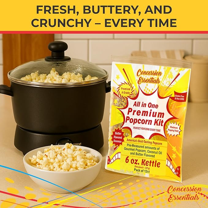Concession Essentials 6oz Popcorn Portion Packs – Pre-Measured Kernels, Oil & Salt – Case of 12 Packs for Perfect Popcorn Every Time