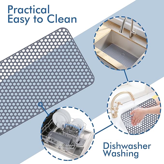 Bestjing Silicone Sink Protectors for Kitchen Sink - 28.4"x 14.3" Kitchen Protector Mat Accessory, Non-Slip Heat Resistant Mat for Bottom of Farmhouse Porcelain Stainless Steel, Dishwasher Safe (Gray)
