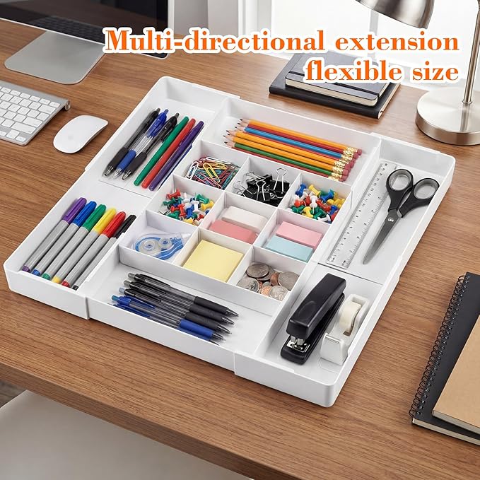 Briwooody 2 Pcs Large Expandable Acrylic Drawer Organizers, Grid Adjustable Drawer, Dividers Organizer for Desk, Makeup, Jewelry, Office, Kitchen Supplies (White,13 Compartments)