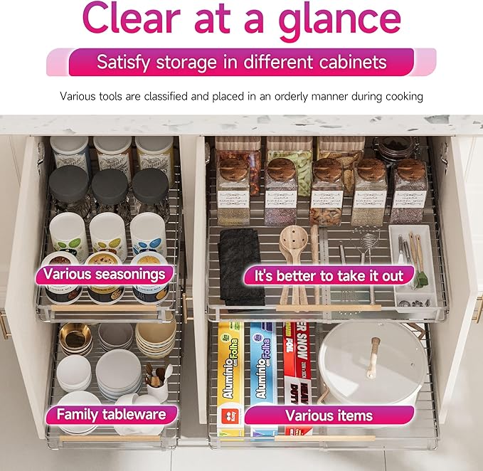 Pull Out Cabinet Organizer, Expandable(14.9"~25.9") Cabinet Drawers Slide Out, Adjustable Width Roll 0ut Shelf Cabinet Organizer for Kitchen Base Cabinet Organization (Large, 2Pack)