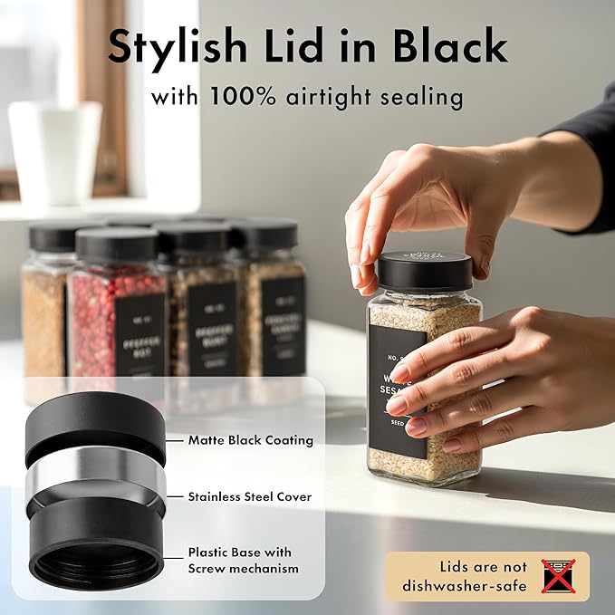EDELHAUS Glass Spice Jars with Label and Black Lids (24 x 4oz) Spice Containers with 240 Labels, Shaker Inserts, Steel Funnel, Empty Square Empty Square Seasoning Organizer