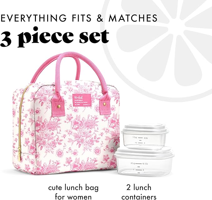 Fit & Fresh Bloomington Lunch Bag for Women - Insulated Large Lunch Box for Work with Containers, Leak-Resistant, Stain-Resistant, Zipper Closure, Pink Floral Toile