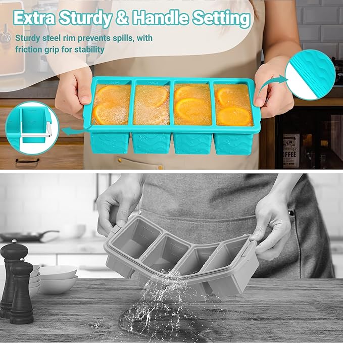 Doasuwish Silicone Freezer Molds for Soup with Lid – 1-Cup Soup Container Style Ice Cube Trays for Freezer, Meal Prep & Food Storage, Freeze 250mL/125mL Portions – 4 Pack