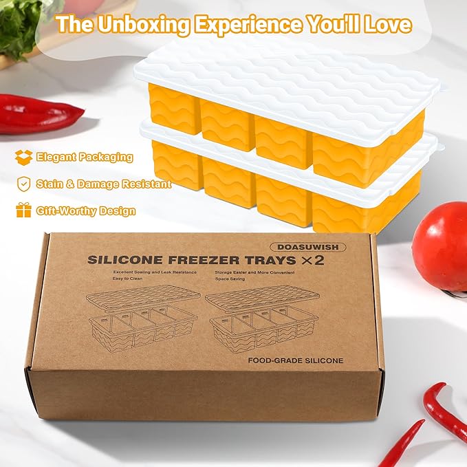 Doasuwish Silicone Freezer Tray for Soup with Lid – 1-Cup Soup Container Cube Style Ice Cube Trays for Freezer, Meal Prep & Food Storage, Freeze 250mL/125mL Portions – 2 Pack