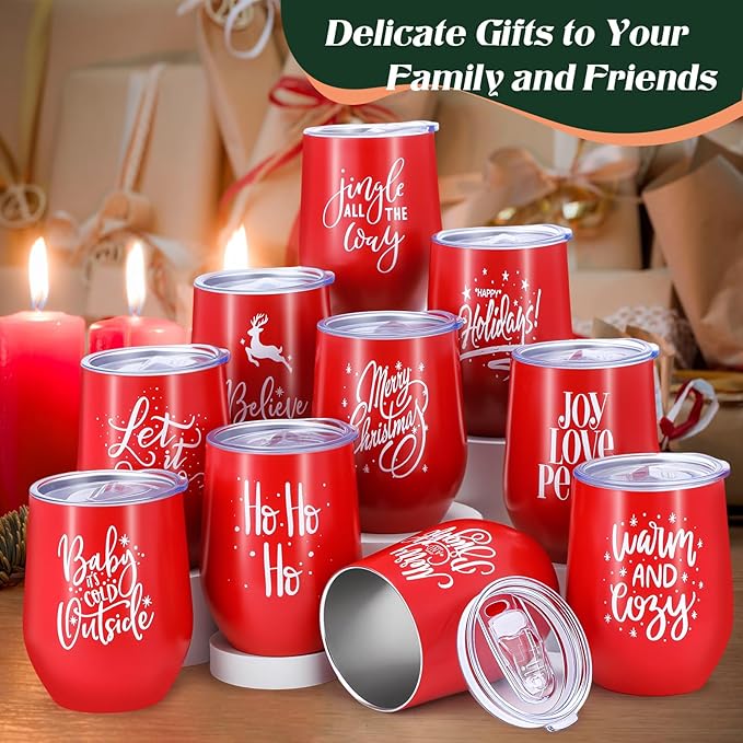 Uiifan 10 Pack Christmas Tumblers Gifts 12 Oz Xmas Funny Tumbler Christmas Stainless Steel Coffee Mugs Set Xmas Insulated Travel Cup with Straw Lid for Family Xmased Holiday Gift (Red)