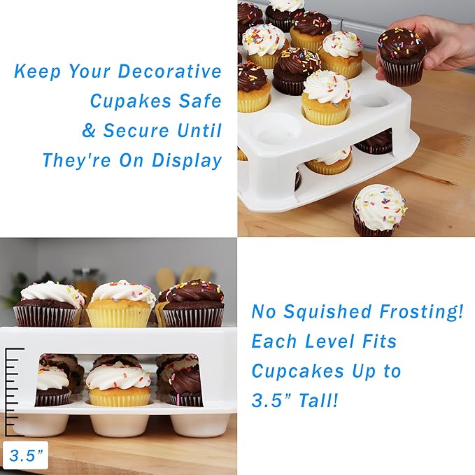Extra Tall Cupcake Carrier 24 Count, 24 Cupcake Holder with Lid -Spacious 3.5” Tall Tiers Accommodate 24 Tall Frosted Cupcakes, Won't Smush! Cupcakes Containers Muffin Storage Container/Muffin Holder