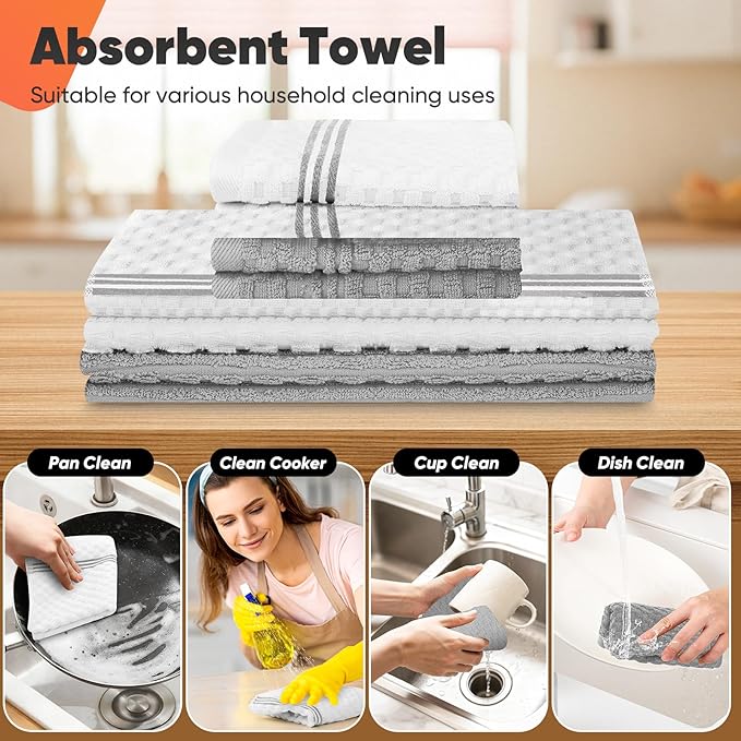 Oven Mitts Kitchen Towels and Dishcloths with Pot Holders Sets, Oven Gloves Hot Pads 500°F Heat Resistant with Silicone Grip, Include 2 Cooking Gloves/2 Potholders/4 Kitchen Towels/4 Dish Towels-Gray