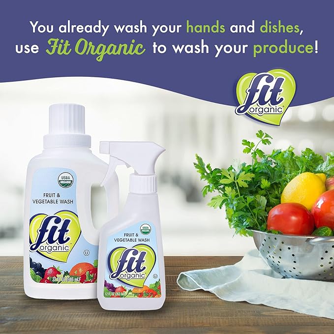Fit Organic Produce Wash, 32 Oz. Soaker, Fruit and Vegetable Wash & Pesticide/Wax Remover, Transparent