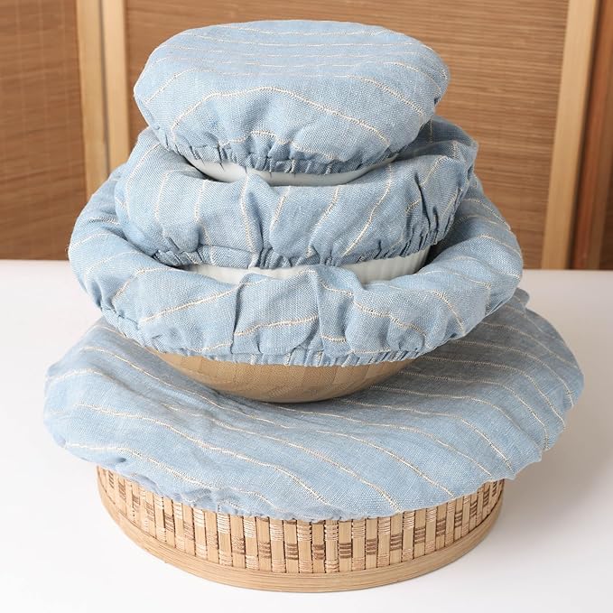 100% Linen Stripe Bowl Covers Reusable For Bread Proofing, 4 Pcs Elastic Cloth Fabric Bowl Covers, 5.9 * 7.9 * 9.8 * 11.8 Inches, Blue
