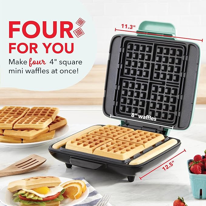 DASH No-Drip Waffle Maker: Waffle Iron 1200W + Waffle Maker Machine For Waffles, Hash Browns, or Any Breakfast, Lunch, & Snacks with Easy Clean, Non-Stick + Mess Free Sides - Aqua