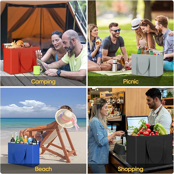 BALEINE 2Pk Insulated Reusable Grocery Bags, Collapsible Cooler Bag for Groceries, Heavy Duty Large Insulated Bag (16''x9''x13'', Bright Red)