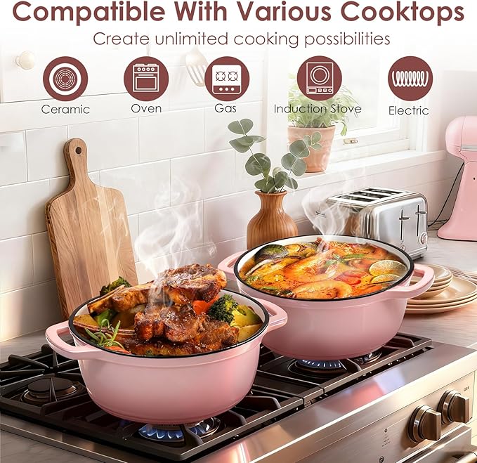 Cast Iron Dutch Oven Pot With Lid - AIVIKI 5QT Enameled Dutch Oven for Bread Baking With Cotton Potholders - Heavy- Duty Cookware Across All Cooktops, Wedding Registry Ideas & Gifts, Pink