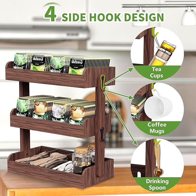 3 Tier Tea Bag Organizer - Wall-Mounted Holder with Partitions, 4 Hooks, Wooden Tea Box for Office, Kitchen, Cabinet, Pantry