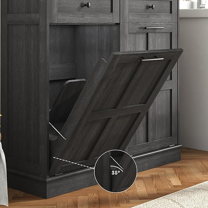 chartustriable Double Trash Can Cabinet, 26 Gallons Farmhouse Hidden Wood Garbage Can Bin Cabinet with Drawers, Tilt Out Laundry Hamper with Laundry Storage Basket for Bathroom, Kitchen, Dark Grey