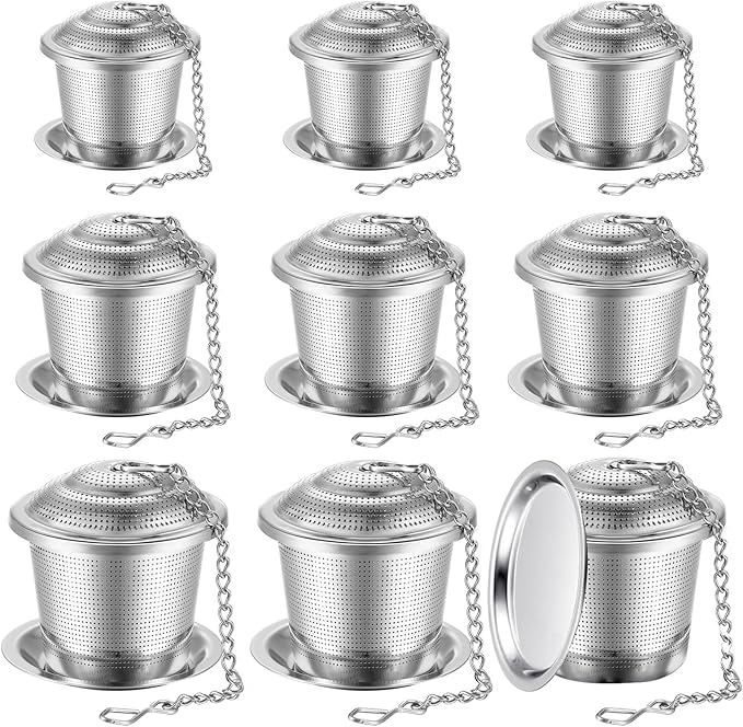 Zopeal 9 Pcs Tea Infuser Stainless Steel Strainer with Extended Chain Hook and Saucer Loose Leaf Steeper Fine Mesh Ball Tea Filter for Brew Spices Seasonings Fits Cup Mug Bottle (3 Sizes)