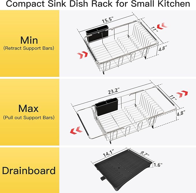 JASIWAY Dish Drying Rack in Sink, Expandable Stainless Steel Dish Drainers with Drainboard for Kitchen Counter, Space Saving Dish Dryer Rack, Over The Sink Dish Racks with Utensil Holder, Sliver