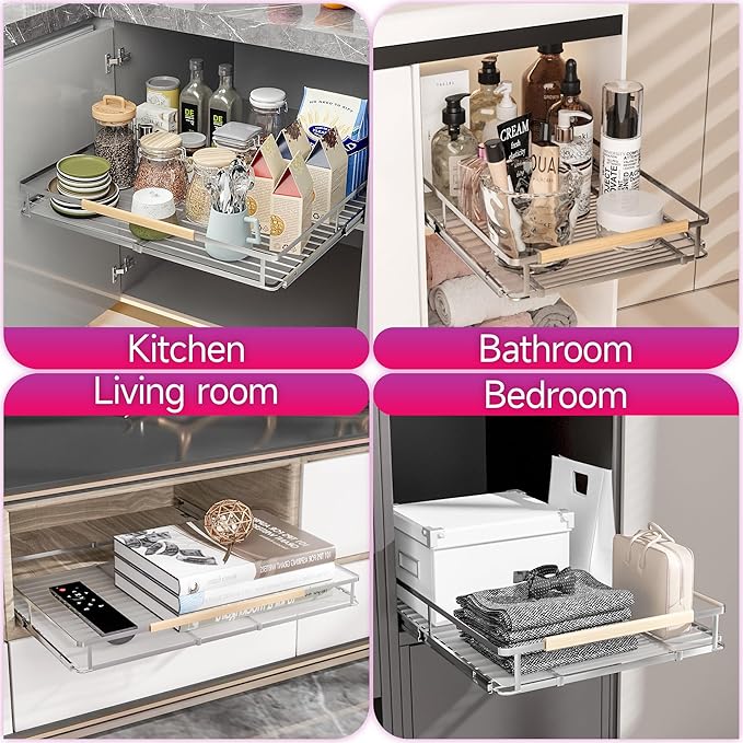 Pull Out Cabinet Organizer, Expandable(14.2"~24.4") Cabinet Drawers Slide Out, Adjustable Width Roll 0ut Shelf Cabinet Organizer for Kitchen Base Cabinet Organization (Medium, 1Pack)