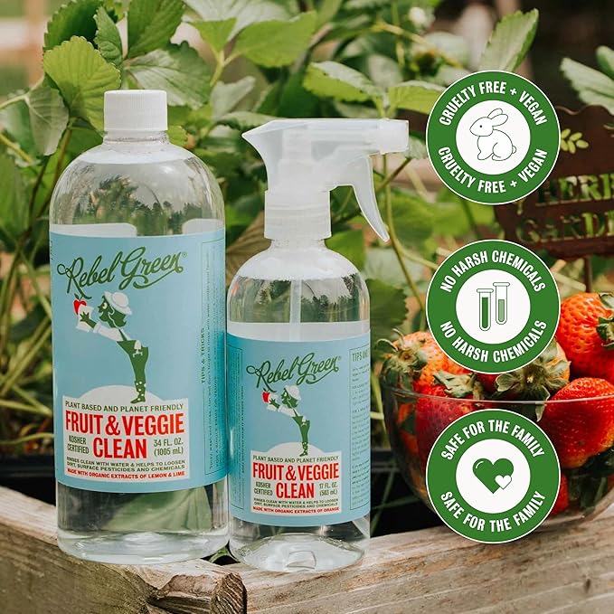 Rebel Green Fruit & Veggie Clean — Plant-Based Produce Cleaner—Natural Fruit and Vegetable Wash with No Aftertaste — Chemical & Wax Removal — Made with Organic Extracts of Citrus — Half Gallon