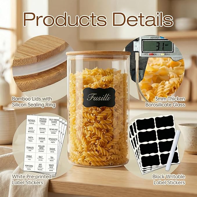 HomArtist Glass Jars with Bamboo Lids 53 FL OZ [Set of 4], Glass Canisters with Airtight Lids, Glass Food Storage Containers for Pasta, Oats, Coffee, Flour, Sugar, Rice, Best for Kitchen & Pantry