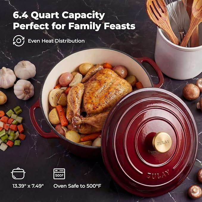 Zulay Kitchen 6 Quart Enameled Cast Iron Dutch Oven Pot with Lid – Premium Durability & Oven Safe up to 500°F – Heavy Duty Cookware Perfect for Bread Baking, Stews, Braising & Roasting – Garnet