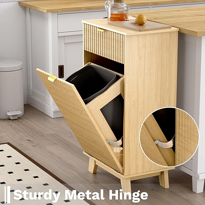 Modern Tilt Out Laundry Hamper Cabinet, 10 Gallon Wooden Trash Can Cabinet with Storage Drawer, Hidden Fluted Bathroom Storage Cabinet for Kitchen, Living Room (Natural Wood, 20.47"W x 35.83"H x 13"D)