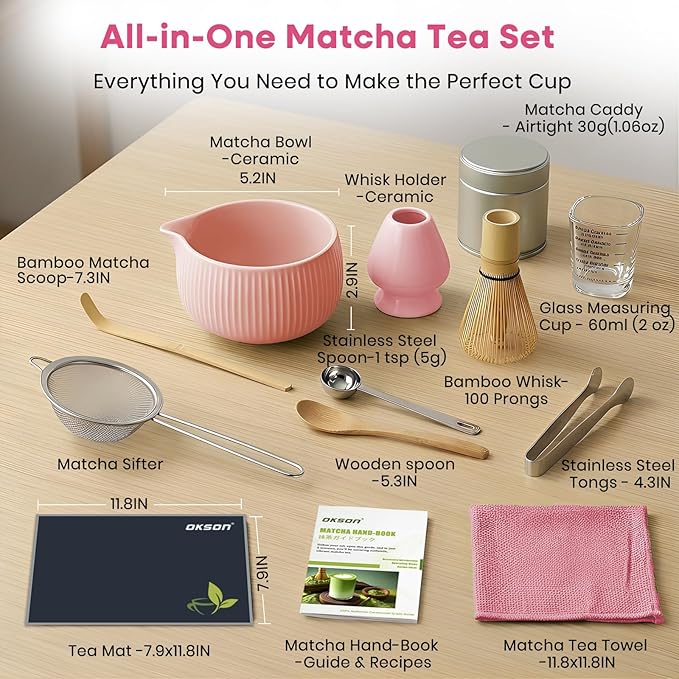 Matcha Whisk Set, 15PCS Ceramic Matcha Bowl Kit, Includes Bamboo Whisk & Holder, Glass Measuring Cup, Caddy, Sifter, Scoop, Tea Towel, Tea Mat, Making Sets for Lovers, Pink