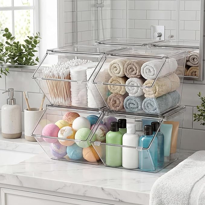 Yerliker 20 Pcs Clear Plastic Storage Bins with Lids Large Stackable Pantry Storage Organizer Bins Kitchen Organization Cabinet Organizers Ideal Containers for Fridge, Kitchen, Cabinets (Clear)