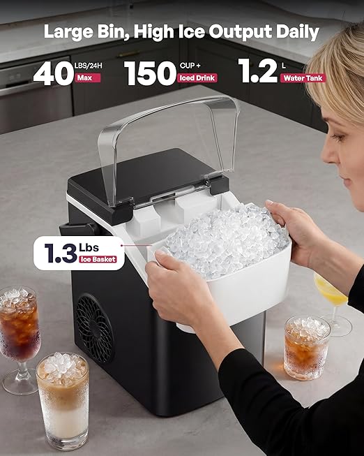 ICYGLEE Nugget Ice Maker Countertop with Handle, Ready in 4 Mins, Max 40lbs/24H, Chewable Ice, Self-Cleaning, Portable Sonic Ice Maker with Basket and Scoop, for Home/Party/RV/Camping (Black)