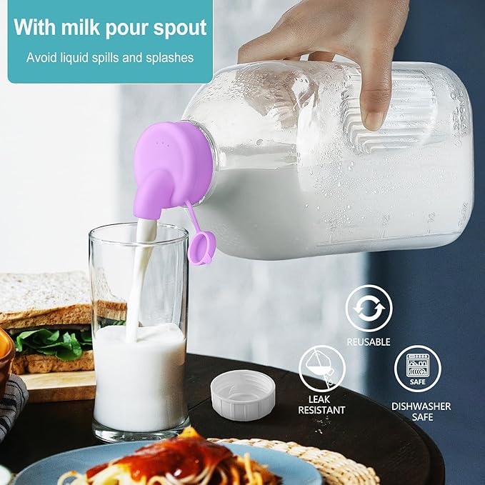 Ritayedet 4 Pack 64 Oz Heavy Duty Glass Milk Bottle with 1 Silicone Spout and 5 Reusable Airtight SCREW LID, 2 Qt Glass Water Bottle with 2 Exact Scale Lines - Milk/Juice Jug Pitcher