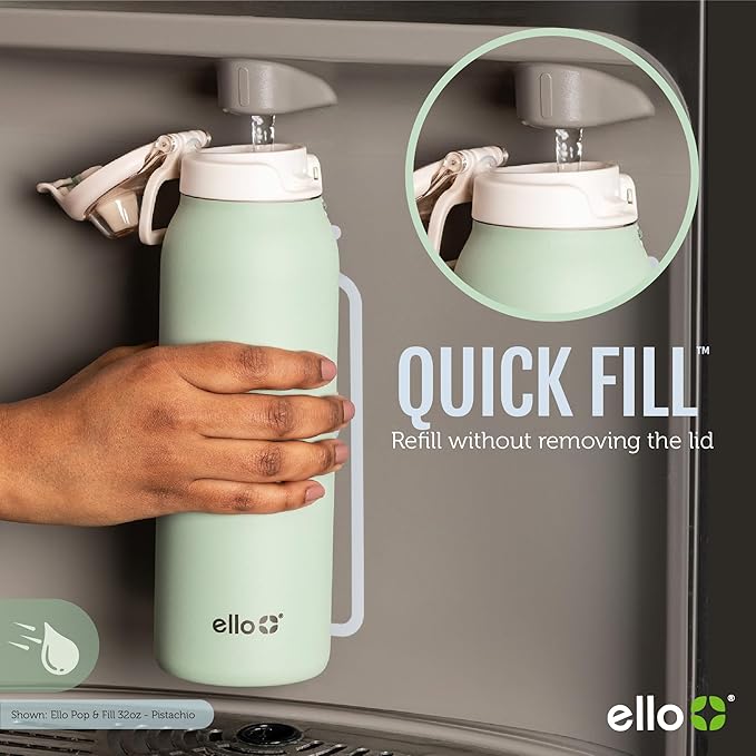 Ello Pop & Fill 22oz Stainless Steel Water Bottle with QuickFill Technology, Double Walled and Vacuum Insulated Metal, Leak Proof Locking Lid, Straw and Chug, Reusable, BPA Free, Full Bloom