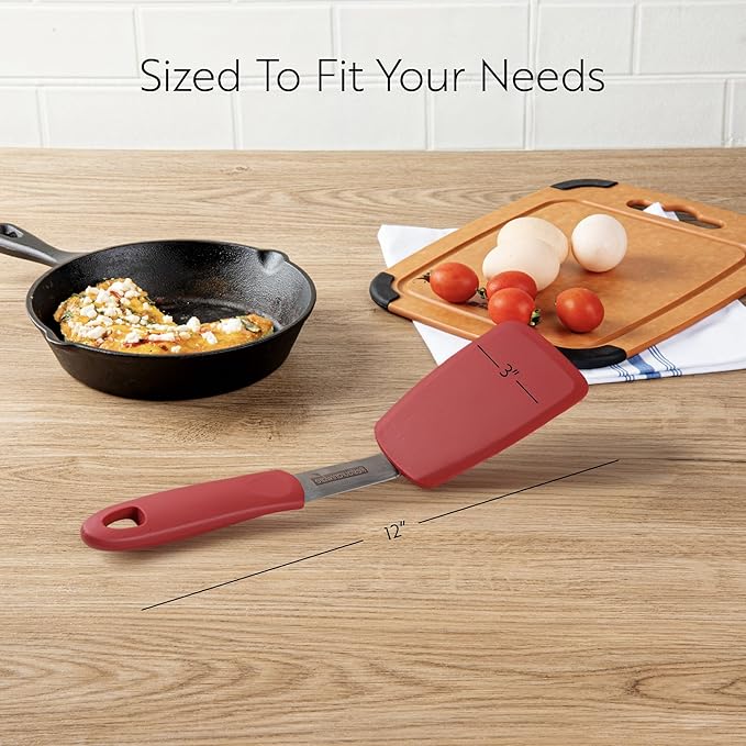 Restaurantware Comfy Grip 11.9 x 3 Inch Silicone Turner 1 Durable Cooking Turner - Stainless Steel Body Rubber Handle With Hole Red Silicone Flipper Spatula Tolerates Up To 446F Dishwashable