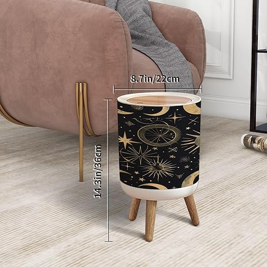 Trash Can with Lid Magic seamless pattern sun constellations moons stars Gold decorative Press Top Round Small Garbage Bin with Wooden Legs Waste Basket for Kitchen Bedroom Nursery 7L/1.8 Gallon
