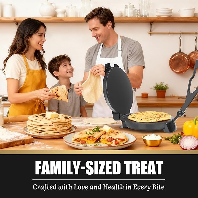 FineMade Compact 10'' Roti Maker Machine, Electric Tortilla Press with Detachable Handle, Prensa Para Tortillas,Chapati Maker Machine, Burrito Maker, Tortillera, Black