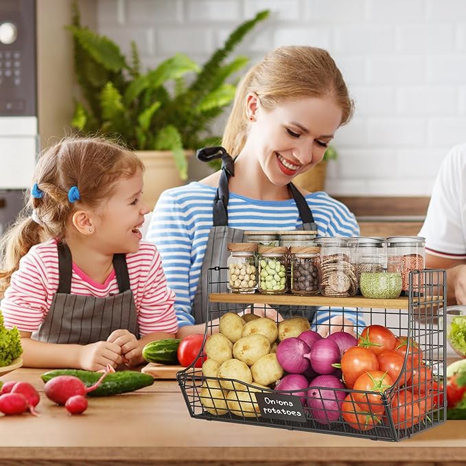 3 Pack Extra Large Fruit Basket for Kitchen with Wood Lid Nameplate - Counter&Wall Mounted Onion and Potato Storage Bin, Stackable Metal Hanging Wire Baskets,15.74 * 8.66 * 10.63 inch