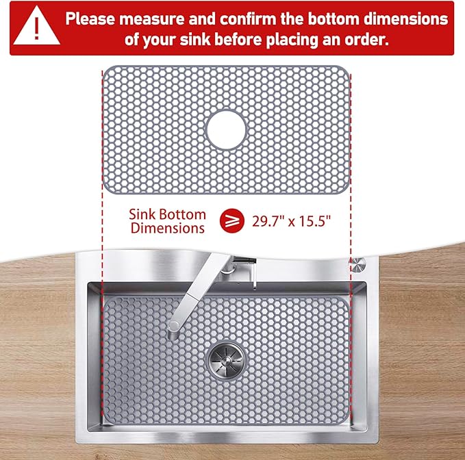 Bestjing Silicone Sink Protectors for Kitchen Sink with Center Drain - 29.7"x 15.5" Kitchen Protector Accessory, Non-Slip Heat Resistan Mat for Bottom of Farmhouse Stainless Steel Porcelain (Gray)