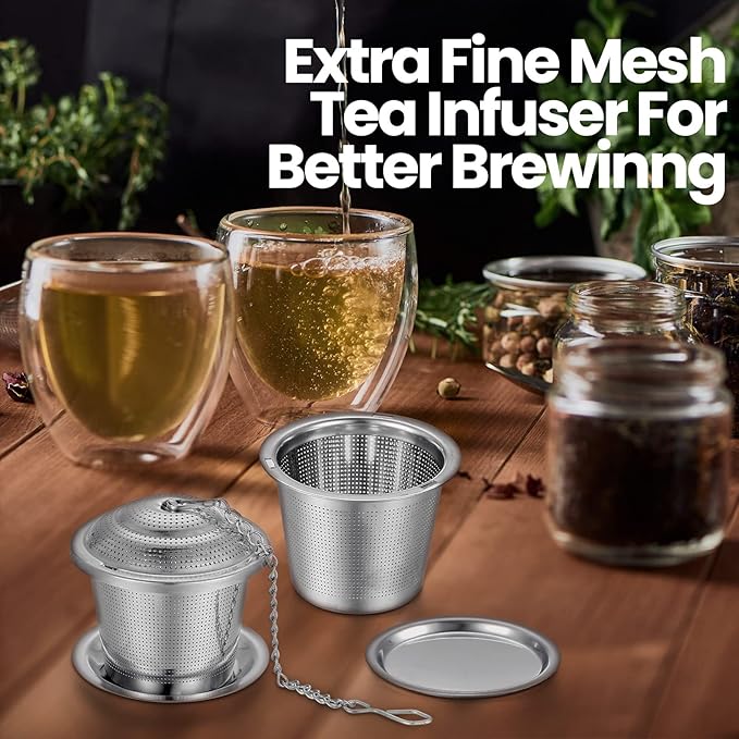 Zopeal 9 Pcs Tea Infuser Stainless Steel Strainer with Extended Chain Hook and Saucer Loose Leaf Steeper Fine Mesh Ball Tea Filter for Brew Spices Seasonings Fits Cup Mug Bottle (3 Sizes)