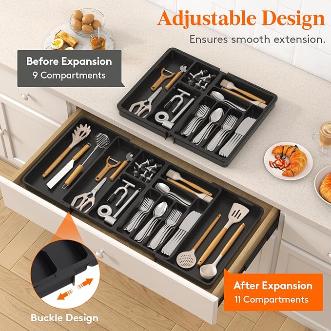 Lifewit Utensil Organizer for Kitchen Drawer, Expandable Cooking Silverware Tray, Adjustable Cutlery Flatware Holder, Plastic Spatula Tools Storage Divider, 21.3- 36 x 16.9", Black
