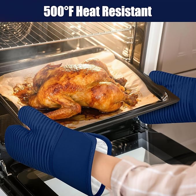 Oven Mitts and Pot Holder Sets with Silicone Grip, 500°F Heat Resistant-6 Pack Dishcloth/Dish Towels for Kitchen 100% Cotton-Value Kitchen Essentials for Cooking, Baking, Grilling-Marine Blue
