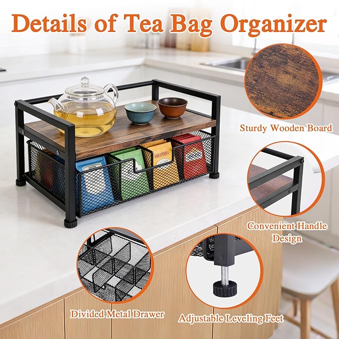 Tea Bag Organizer, Wooden Tea Storage Box with Metal Drawer, 8-Compartment Tea Bag Holder, Tea Station Display Case for Countertop Kitchen, Office, Pantry