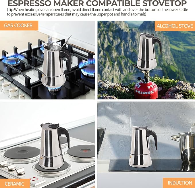 6 Cup 300ml Moka Pot Stainless Steel Espresso Coffee Maker Stovetop Coffeemaker Italian Classic Style Brewing Greca Cafe Mocha Machine for Cafeteras Lover Camping Travel and Home Use 10oz