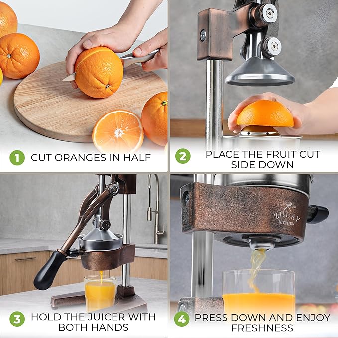 Zulay Kitchen Cast Iron Juicer - Heavy Duty Manual Juicer with Detachable Strainers for Easy Cleaning, Orange Juice Press for Citrus Fruits, Perfect for Bartenders, Juice Lovers & Health Enthusiasts