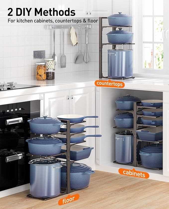 ORDORA Pots and Pans Organizer under Cabinet, 20.8" Height Heavy Duty 120LBS Pots Pans Organizer Rack for Cabinet 8-Tier Adjustable for Big Stockpots, Dutch Oven, Cast-iron Pan, Heavy Cookware, Bronze