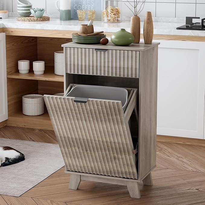 Modern Tilt Out Laundry Hamper Cabinet, 10 Gallon Wooden Trash Can Cabinet with Storage Drawers, Hidden Fluted Garbage Can Holder for Kitchen, Living Room (Wood Grey, 20.47"W x 35.83"H x 13"D)