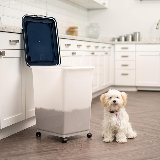 IRIS USA 54 Lbs / 69 Qt WeatherPro Airtight Pet Food Storage Container with Attachable Casters, For Dog Cat Bird and Other Pet Food Storage Bin, Keep Fresh, Easy Mobility, BPA Free, Navy/Pearl