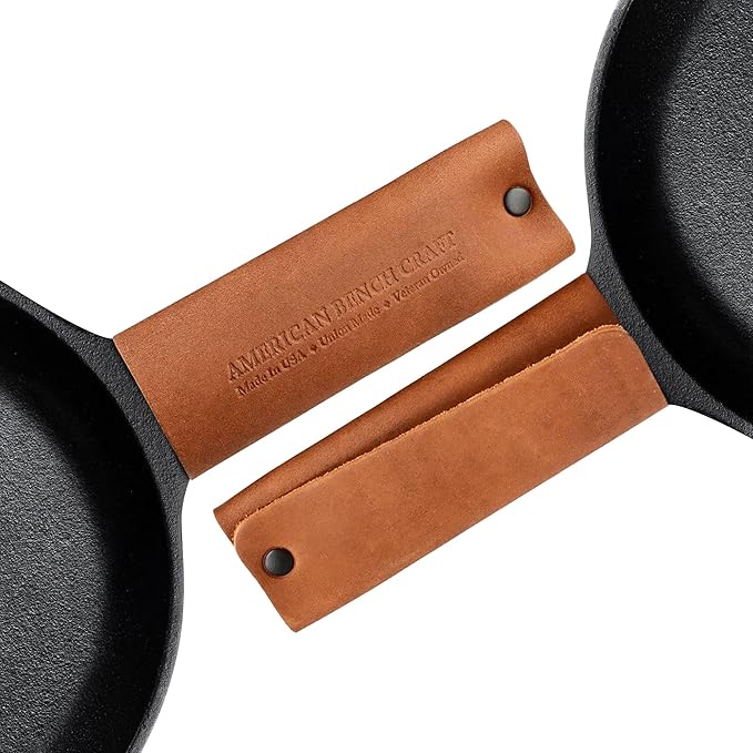 American Bench Craft Leather Cast Iron Handle Cover (Set of 2) | Full Grain Leather Hot Handle Holders for Cast-Iron Skillets & Pots | Heat Resistant Pan Handle Sleeve | Handcrafted in USA | Tan